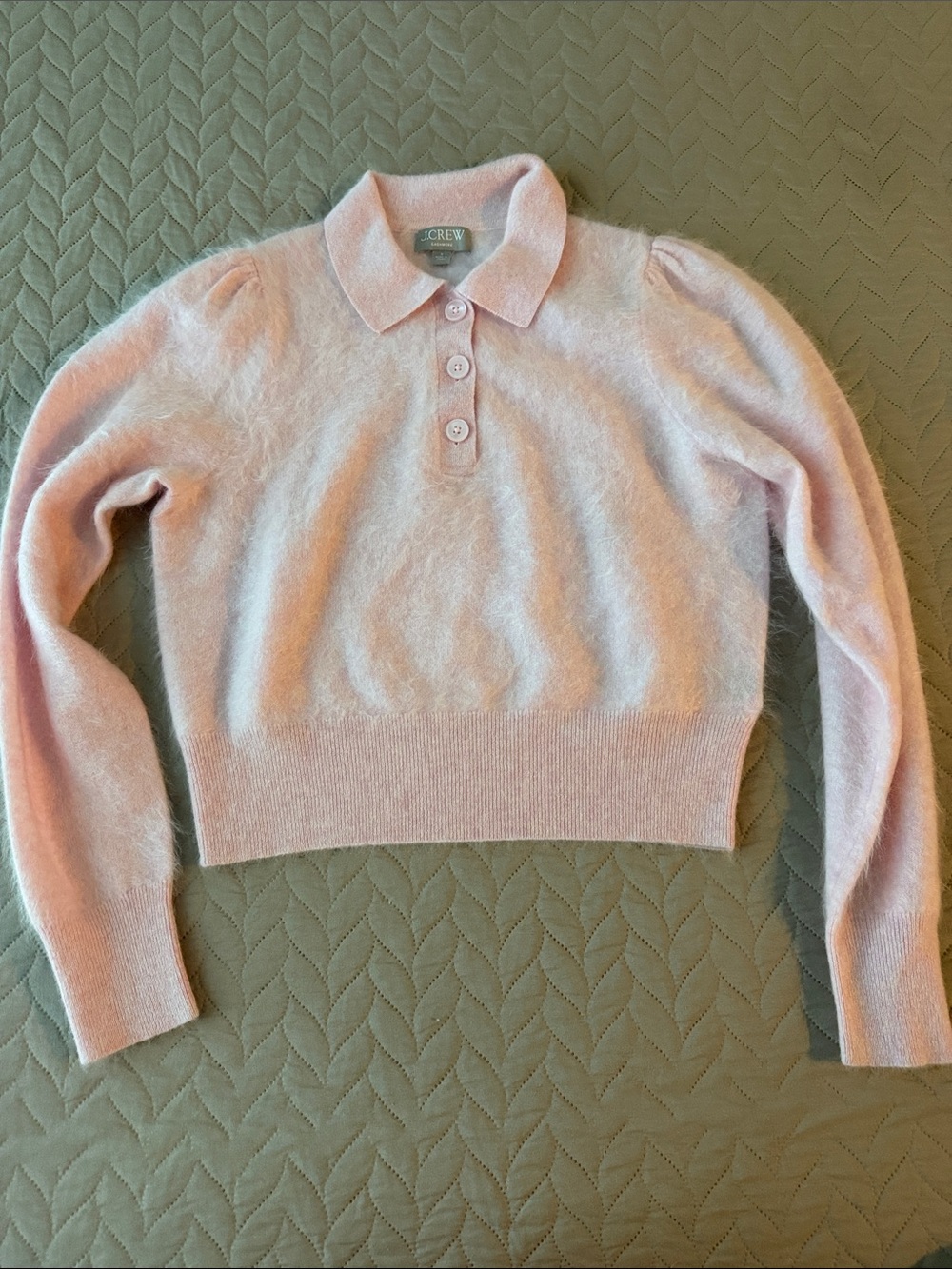 J. Crew Soft Pink Fuzzy Polo Sweater hundred percent cashmere